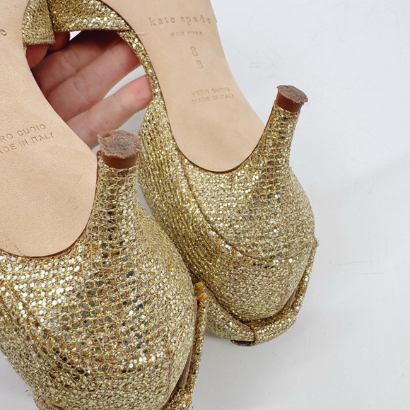 Kate Spade Gold Glitter Kitten Heels Size 8 D’Orsay Pointed Toe Bow Back Italy - Picture 9 of 12